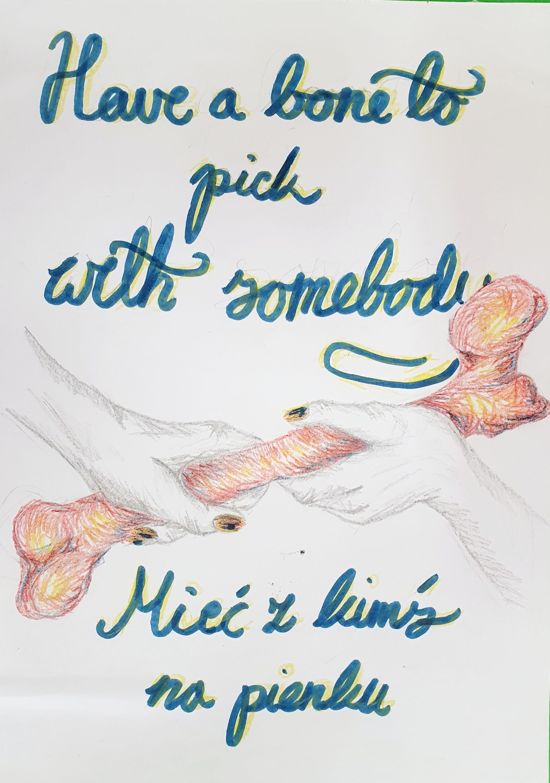 Plakat przedstawia wyjaśnienie angielskiego idiomu Have a bone to pick with somebody
