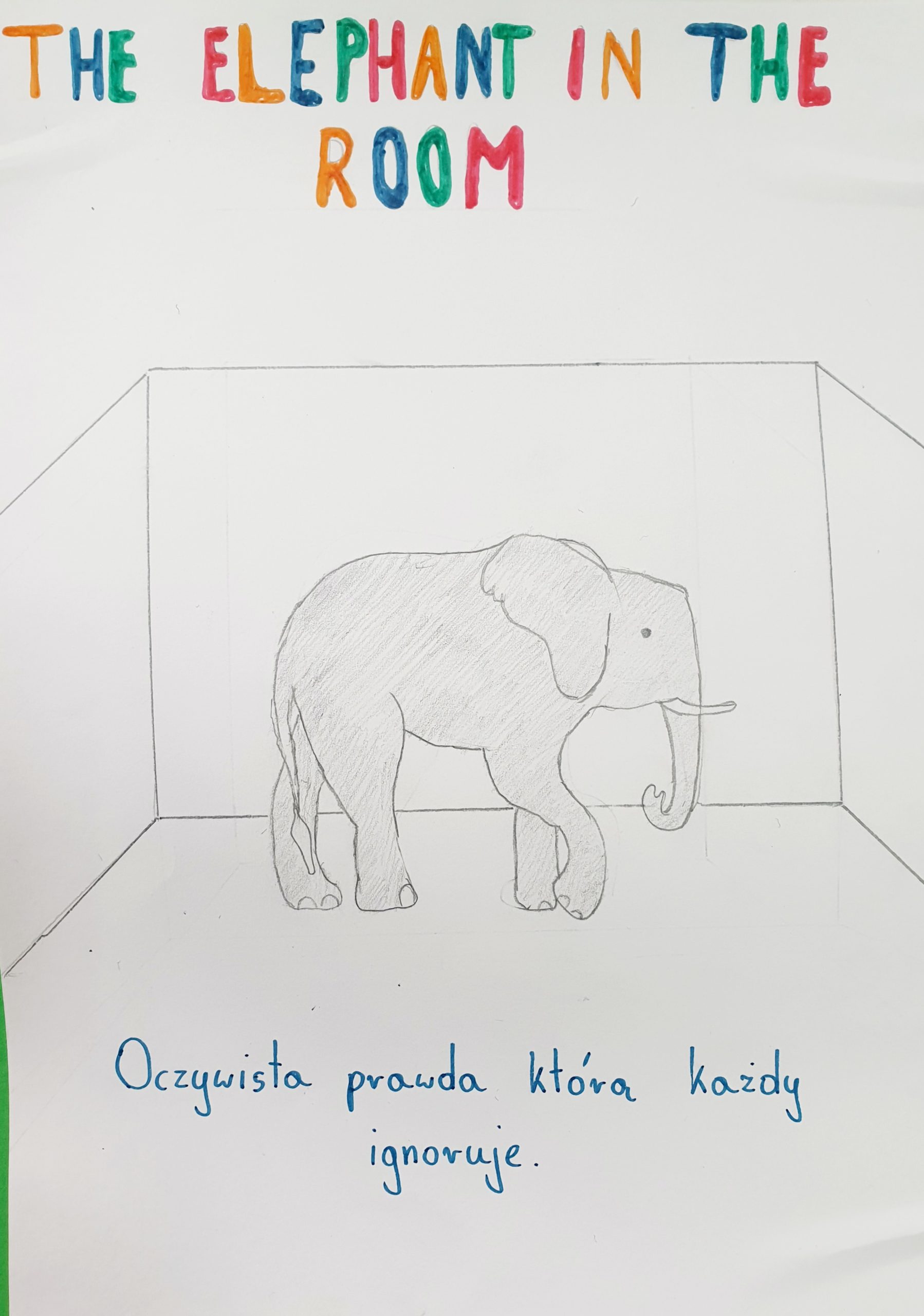 Plakat przedstawia wyjaśnienie angielskiego idiomu The elephant in the room